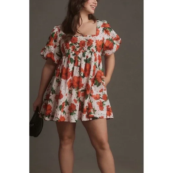 Maeve Anthropologie Mini Dress Floral Print Smocked Short Sleeve Size M - Picture 1 of 8